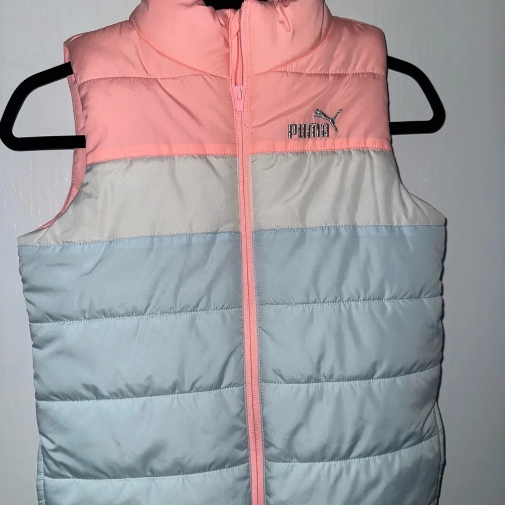 Puma Puffer Vest Girls Size 10/12 kids pink , blue Black Side Pockets Full Zip